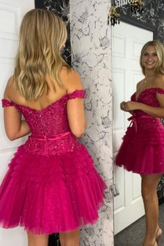 Modsele this short dress features a off-the-shoulder neckline, intricate lace details and tiered skirt with ruffles.#hoco2023#homecomingdresses#formaldresses#homecoming#schooleventdress#holidaydress#graduationdress#cocktaildress Skirt With Ruffles, Tulle Material, Dress With Ruffles, Short Party Dress, Short Gowns, Short Homecoming Dress, Pink Tulle, Hoco Dresses, Tier Skirt