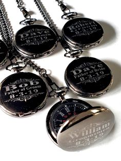 "9 Customized Black Pocket watches in Gift boxes, boxes and chains are included with purchase. Comes with a thick 15 inch chain. Easy wearing clasp lets you easily unhook it from your belt loop. Available in assorted colors. Choose the color when placing your order. Engraved pocket watch set that can be custom made for weddings, birthdays, graduations and bachelor parties. Let us custom make this pocket watch set for your special day. High polished Pocket watch gift set for Groomsmen, Graduation Black Jewelry With Engraving Option For Father's Day, Black Laser Engraved Jewelry For Personalized Gift, Black Engraved Jewelry For Personalized Gift, Black Engraved Jewelry For Keepsake, Personalized Black Engraved Jewelry, Silver Watches For Father's Day Gift, Black Laser Engraved Jewelry For Father's Day, Personalized Black Jewelry For Father's Day, Black Jewelry For Father's Day Personalized Gift