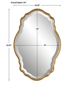 an oval mirror with gold trimmings on the bottom and sides, measurements for each piece