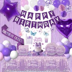 a birthday card with balloons, cake and decorations