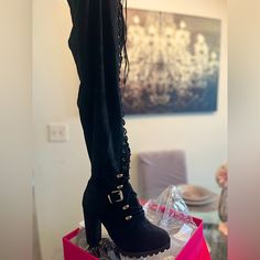 Suede Bnib Sz 9. Thigh High Boots. How To Wear Thigh High Boots, Short Black Heels, Brown Lace Boots, Black Thigh High Boots, Lace Up Block Heel, Black Thigh High, Flat Heel Boots, Lace Up Combat Boots, Black Heel Boots