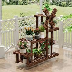 a wooden plant stand with potted plants on it