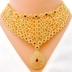 Fascinating Curved Motif 22k Gold Polki Necklace Set Exquisite Filigree Diamond Necklace For Wedding, Opulent Hallmarked Wedding Jewelry, Gold Ruby Necklace With Intricate Design, Luxury Gold Hand Set Diamond Necklace, Luxury Hand Set Gold Diamond Necklace, Gold Hand Set Temple Necklace For Reception, Traditional Gold Ruby Necklaces, Luxury Diamond Necklace For Reception With Intricate Design, Gold Cubic Zirconia Jewelry For Festivals