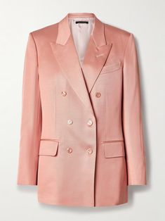 TOM FORD Double-breasted silk and wool-blend twill blazer | NET-A-PORTER Luxury Silk Suits For Spring, Luxury Satin Blazer For Fall, Luxury Tailored Satin Blazer, Luxury Satin Long Sleeve Blazer, Luxury Satin Blazer For Business, Designer Silk Blazer For Office, Luxury Satin Blazer For Spring, Luxury Satin Business Outerwear, Elegant Double-breasted Silk Outerwear