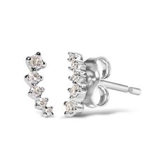 Introducing our exquisite 10K White Gold Climber Stud Earrings, a dazzling journey of elegance and style. Crafted with precision in mind, these earrings feature a total of 10 natural round diamonds, totaling 1/10 cttw. The diamonds, boasting a stunning H-I color, are expertly set in a prong setting, ensuring maximum brilliance and sparkle. With a captivating climber earring design, these earrings gracefully ascend your earlobe, creating a mesmerizing and unique look. The push back earring findin Climber Earrings, Radiant Diamond, Earring Findings, Diamond Gemstone, Gold Material, Designer Earrings, Gemstone Colors, Prong Setting, Round Diamonds