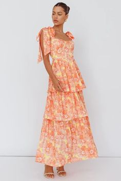 Shop the Arlowe Tied Shoulder Tiered Midi Dress Floral Orange | Selfie Leslie Off Shoulder Strap Dress, Dresses Under $100, Pink And Orange Family Pictures, Maxi Sun Dresses, Orange Garden Party Dress, Spring Long Dress, Pink And Orange Floral Dress, Dresses For School Dances, Pink And Orange Dress