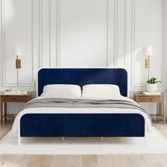 Tallulah Upholstered Platform Bed – The Novogratz Blue Upholstered Bed, Upholstered Platform Bed King, Upholstered Platform Bed Queen, Blue Headboard, Art Deco Bedroom, Tall Headboard, Sherpa Fabric, Mattress Support, Plastic Caps