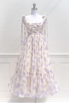 aesthetic clothes - amantine - a feminine french dress in lavender floral print with tie shoulder straps - amantine - front view Pastel Purple Clothes, Modest Sundress, Lavender Formal Dress, French Style Dresses, Modest Girly Outfits, Tulle Petticoat, Summer Day Dresses, Lavender Dresses, Pink Chiffon