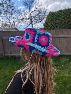 This hat was lovingly crocheted and sewn just for you! Handmade Western Hat, One Size Fits Most, Handmade Western Hat (one Size Fits Most), Handmade Western Style Hat, Hand Knitted Yarn Festival Hats, Handmade Multicolor Hats For Rodeo, Festival Hand Knitted Yarn Hats, Festival Hand-knitted Yarn Hats, Handmade Hippie Crochet Hat For Festivals, Pink Crochet Hat For Festival