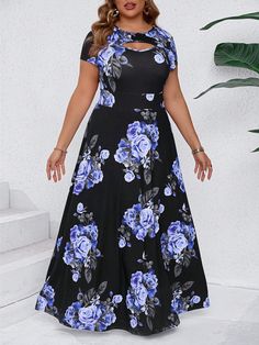 Plus Size Women Floral Print V-Neck Short Sleeve Hollow Out Long Elegant Dress, Summer Royal Blue Boho  Short Sleeve Knitted Fabric Floral,Plants,All Over Print A Line Medium Stretch  Women Plus Clothing, size features are:Bust: ,Length: ,Sleeve Length: Long Elegant Dress, Girls Fall Outfits, Estilo Hip Hop, Round Neck Dresses, Elegant Dresses Long, Azul Royal, Maxi Dress Party, Short Pajama Set, Dress Summer