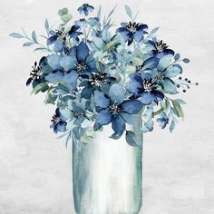 a painting of blue flowers in a glass vase on a white background with watercolors