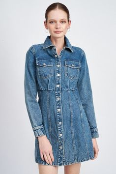 This timeless button-front denim shirt dress combines casual elegance with classic comfort. The medium-wash denim offers a versatile look that's easy to dress up or down. With a neat collar, flap pockets, and a flattering cinched waist, this dress provides a structured yet relaxed silhouette. The full button-front design allows for easy wear, while the long sleeves can be rolled up for a more laid-back feel. Whether you're headed to brunch or a day out with friends, this denim dress is a wardrob Denim Dress Summer, Shirt Mini Dress, Knit Tights, Parker Dress, Long Sleeve Denim Shirt, Denim Shirt Dress, Denim Mini Dress, Mini Shirt Dress, Light Denim