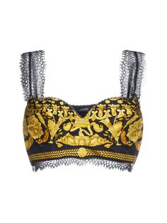 100% silk | Versace Women's Barocco Silk Bralette Top in Gold | FW23/24 Versace Top, Silk Bralette, Versace Blue, Patterned Crop Top, Versace Gold, Baroque Pattern, Bralette Top, Bralette Tops, Gold Pattern