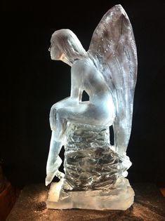 an ice sculpture sitting on top of a wooden table in front of a black background