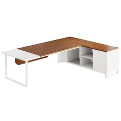 a white desk with a wooden top and two open shelves on each side, in front of a white background