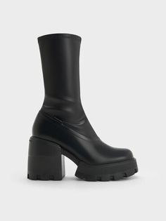 Black Side-Zip Platform Calf Boots | CHARLES & KEITH How To Style Platform Boots, Platform Black Boots, Chunky Platform Boots, Platform Boots Chunky, Charles Keith, Chunky Platform, Black Side, Calf Boots, Platform Boots