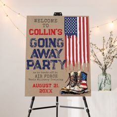 This rustic going away / farewell military party sign, printed on foam core board, is PERFECT to display indoor or outdoor for your guests to celebrate & say "see ya later" to your Soldier, Airman, Guardian, Marine, Sailor, Guardsman, or Cadet! Designed by a proud Air Force Mom ♥ ✈️ Personalize sign template with your custom wording - featuring a rustic kraft background with dripping USA Flag and watercolor flag combat boots! Include this display sign in your military going away party decorations order from my store, and check out the matching invitation & décor supplies available to make your celebration complete! Custom design requests are always welcome: contact@figandlilyco.com. From this proud military family to you and yours, we send our blessings and sincere thanks for the service, Army Decorations Party, Enlistment Party, Deployment Party, Camp Party, Army Decor, Navy Party, Welcome Home Parties