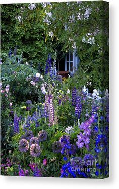 a garden with lots of flowers and trees in the background canvas print featuring an old window