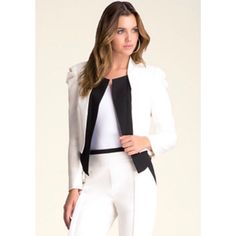 New With Tags Bebe Brand Jacket. Women’s Size 8. 17” Long. 18” Pit To Pit. Blazer Style Jacket. Blair Puff Contrast Jacket. Off White And Black Color. 66% Polyester, 28% Viscose, 6% Spandex. Lined Interior. Retail $139.00. Amazingly Unique, This Stretch-Twill Jacket Features A Pleated Sleeve Cap, Contrast Lapels, And Sleeve Zip Detail. Very Ready For Its Close-Up. Pair With Trim Skirt Or Pants/Jeans, But Layer A Feminine Top Underneath. Gorg! Feel Free To Comment Or Bundle! Thanks For Browsing! Tailored White Outerwear For Party, White Tuxedo-style Party Outerwear, White Tuxedo Style Evening Outerwear, White Tuxedo Style Party Outerwear, Fitted White Outerwear For Work, White Fitted Outerwear For Party, White Fitted Party Outerwear, Chic White Outerwear For Party, Classic White Evening Outerwear