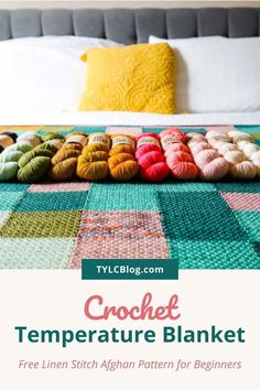 the crochet temperature blanket is on top of a bed with colorful yarns