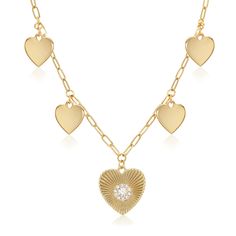 Multi Heart Disc & CZ Heart Textured Charm Chain Necklace  Yellow Gold Plated 16-18 Adjustable Chain Luxury Heart-shaped Jewelry With Logo Charm, Luxury Yellow Gold Necklaces With Heart Beads, Elegant Heart Charm Dangle Necklace, Elegant Necklace With Heart Charm And Dangle, Fine Jewelry Heart Pendant Charm Necklace For Valentine's Day, Fine Jewelry Double Heart Charm Necklace, Dangle Heart Charm Necklace, Fine Jewelry Double Heart Necklace With Heart Charm, Heart Cut Charm Necklace With Adjustable Chain For Anniversary