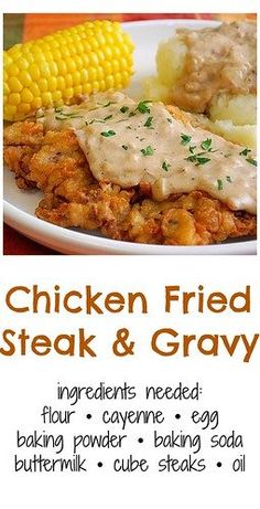 chicken fried steak and gravy on a white plate