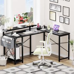 a desk with a chair and computer on it