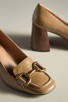 Leather upper, insole Rubber sole Slip-on styling Imported | Zagreb Wood Stacked Heels by Bibi Lou in Beige, Women's, Size: 36, Leather/Rubber at Anthropologie Beige Square Toe Heels For Work, Beige Heels With Leather Sole For Work, Gold Heels With Leather Sole For Work, Luxury Beige Heels For Workwear, Beige Office Heels With Branded Insole, Beige Square Toe Heels With Removable Insole, Designer Heels With Removable Insole For Work, Designer Workwear Heels With Removable Insole, Designer Beige Square Toe Heels