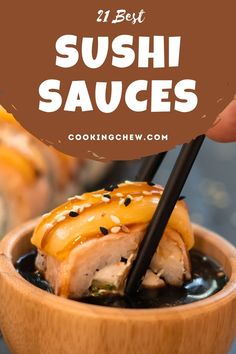 sushi sauce in a wooden bowl with chopsticks sticking out of the top