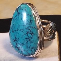 R2017 Sterling Silver & Turquoise Ring. Size 10. No Two Alike. Amazing Statement Piece! Large Stone Turquoise Ring In Chrysocolla, Turquoise Chrysocolla Ring With Large Stone, Adjustable Turquoise Ring With Large Stone, Turquoise Ring With Large Stone As A Gift, Adjustable Untreated Turquoise Ring, Turquoise Chrysocolla Gemstone Ring, Turquoise Large Stone Spiritual Ring, Silver Turquoise Ring, Sterling Silver Rings Turquoise