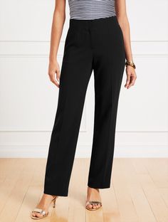 Our flattering straight leg pants are perfect for work and play. Simple elegance, in lightweight, wrinkle-resistant fabric and a sophisticated fit. Features Flat Front/Trouser Hits High Waist Full Length Front zip with hook & bar closure Slash front pockets Lined Imported Fit: Misses: 30"; Petite: 28"; Plus: 30"; Plus Petite: 29" Material: 69% Triacetate, 31% Polyester; Lining: 100% Polyester Care: Machine Wash Cold; Only Non-Chlorine Bleach When Needed; Tumble Dry Low; Cool Iron, If Needed | Ea Travel Blazer, Modern Classic Style, Open Front Jacket, Classic Style Women, Easy Travel, New Tops, Simple Elegance, Pants Straight, Straight Leg Pants