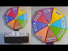 two colorful umbrellas with words on them hanging from the wall next to a sign that says parts of speech