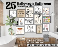 the bathroom is decorated in black and white with lots of halloween art on the wall