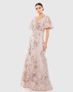 Floral Embellished Short Sleeve Gown Short Sleeve Gown, Vestidos Color Coral, Floral Evening Dresses, Bride Attire, Embellished Belt, Mac Duggal Dresses, Sleeve Gown, Full Length Gowns, Prom Designs