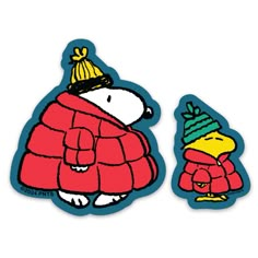 two stickers depicting snoopy and his dog wearing sweaters, one with a hat on