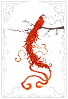 a red bird sitting on top of a tree branch next to a white background with swirls