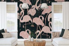 Wall Blush Originals "St. Croix" features beautiful flamingos and lush tropical foliage for a luxurious, moody atmosphere. Perfect for a refined indoor decor, this elegant wallpaper will transform any room! 19-inch panel design and available in heights from 2 - 20 feet Choose between a PEEL AND STICK VINYL application or a PASTE TO THE WALL TRADITIONAL NON-WOVEN application. Subtle sheen Shades of Pink and Green Easily removable making it the perfect wallpaper for renters, creating an accent wal Pink Flamingo Wallpaper, Orange Peel Wall Texture, Wall Blush, Moody Atmosphere, Concrete Wallpaper, Flamingo Wallpaper, Elegant Wallpaper, St Croix, Peel And Stick Vinyl