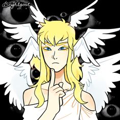 an anime character with angel wings pointing to the side and two eyes behind him, all in black background