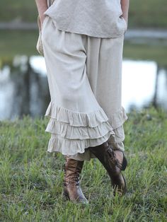 New Beige Linen Ruffle Bloomer PantalOOnie's from WhatWouldSusieWear! Lovely and somewhat Rustic Medium Weight Linen Bloomer pants with three layers of Ruffles. Come in Two Sizes. Petite to Medium and Large to XXL. Comfortable Elasticized Waist and of course they have pockets. So many ways to wear them. With our new Beige Crushed Velvet Frenchie Top, with a cropped Vintage Top or as I show here a Babydoll Dress! So versatile, fun and flirty! Please nite the elastic was cut a bit larger than usual, so a Petite- Medium is a bit bigger in the waist than usual, and Large Cut larger so will fit XXL. Pease check measurements to  assure your proper fit! The rest of the measurements are as they always have been.  PS! There really is a small difference in the elasticized waist, so if you would norm Chic Full-length Ruffled Bottoms, Fitted Wide Leg Bottoms With Ruffle Hem, Beige Ruffled Bottoms For Spring, Beige Ruffled Bottoms For Fall, Fitted Bottoms With Ruffle Hem For Fall, Bohemian Bottoms With Ruffle Hem, Chic Beige Bottoms With Ruffles, Ruffled Long Pants For Spring, Fitted Beige Bottoms With Ruffle Hem