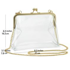 Patterned:NoneMaterial:PVCClosure:Kiss LockTheme:NoneIncluded Components:Messenger BagLining Description:UnlinedItem ID:XN40415Clear Cross Body Clear Flat Bag Zipper Clear Bag Clear Chain Bag Vintage Clear Bag Bucket Clear BagStylish Stadium Approved Clear bag Made from durable clear PVC fabric Measures approximately 8.2 x 6.1 x 3.1 inches Top Kisslock Closure High quality Gold Shoulder Chain Meets public safety bag requirements Attractive Design Who says clear can't be stylish? Make a fashion s Chic Party Shoulder Bag With Clear Strap, Elegant Bag With Clear Strap For Daily Use, Party Shoulder Bag With Clear Strap Satchel, Elegant Bags With Clear Strap For Daily Use, Trendy Clear Shoulder Bag For Evening, Elegant Shoulder Bag With Clear Strap, Clear Shoulder Bag For Party, Elegant Crossbody Shoulder Bag With Clear Strap, Elegant Clear Bag For Daily Use