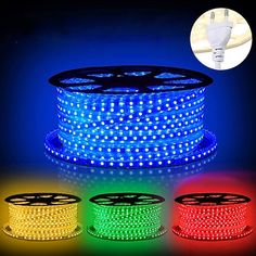 three different colors of led strip lights on a black background with the same color and size