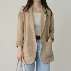 Product Description * Item:Fashion Womens Blazer Loose Tops Ladies Casual Cotton Linen Suit Cardigan Jacket * Condition: 100% Brand New * Color:Khaki 、  Beige  * Size:Asian s-xl * Package:1pc coat (without any accessories ）    Please note: 1.Please allow a little error due to manual measurement. 2.The color maybe a little difference because of the light,screen reflection etc. 3.If you are not sure what size to choose, you can tell us your height and weight, we will recommend the right size for y Linen Blazers Women, Mode Mantel, Suit Jackets For Women, Blazer Women, Style Blazer, Single Button Blazer, Linen Suit, Linen Jacket, Casual Blazer