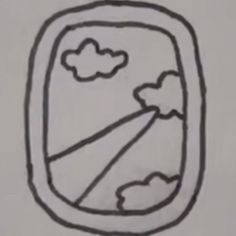 a drawing of an airplane window with clouds and sun in the sky on it's side