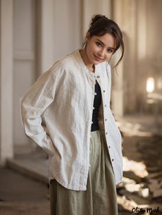 Olivia Mark - Linen-Cotton Sand-Washed Artistic Personalized Mandarin Collar Long Sleeve Shirt Blouse Linen Blouse, Cheongsam, Mandarin Collar, Types Of Collars, Summer Looks, Long Sleeve Shirt, Stand Up, Short Sleeves Tops, Printed Shirts