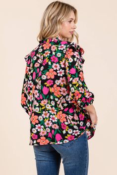 Plus size floral print 3/4 sleeve blouse with ruffle trim detail along the collar, and shoulder, split v-neck, optional self-tie along the neckline, and elastic cuffs. plus size, curvy, woven, floral print, blouse, top, 3/4 sleeve, ruffle trim, split neck, v-neck, self-tie, elastic cuff, transitional, spring, summer, fall, winter, ss, fw, stylish, fashionable, comfortable, daily wear, women's clothing, women's apparel, women's wear Spring Printed Ruffle Sleeve Blouse, Spring Printed Blouse With Ruffle Sleeves, Floral Print 3/4 Sleeve Blouse For Brunch, Floral Print Blouse With 3/4 Sleeve For Brunch, Chic Blouse With Floral Print And 3/4 Sleeves, Feminine Ruffled Blouse With 3/4 Sleeves, Fall Floral Print Blouse With Ruffled Collar, Floral Print Blouse With Ruffled Collar For Fall, Floral Print 3/4 Sleeve Work Blouse