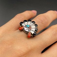 Vintage Zuni Sun Face Kachina Turquoise Coral MOP Sterling Silver Ring Size 5.5 | eBay Multicolor Multi-stone Turquoise Ring, Unique Multi-stone Turquoise Ring, Adjustable Multicolor Turquoise Ring, Southwestern Multicolor Turquoise Ring, Zuni Jewelry, Sun Face, Coral Turquoise, Sterling Silver Ring, Silver Ring