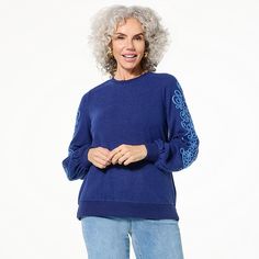 DG2 by Diane Gilman Brushed Sweater Knit Embroidered Crew-Neck Top  Cold days never felt so good. This eye-catching brushed sweater knit top delivers luxuriously-soft warmth and fabulously feminine fashion. Blue Knit Sweatshirt For Fall, Embroidered Knit Crew Neck Top, Relaxed Fit Long Sleeve Tops With Embroidered Sleeves, Relaxed Fit Tops With Embroidered Long Sleeves, Casual Crew Neck Top With Embroidered Sleeves, Blue Knit Crew Neck Sweatshirt, Blue Embroidered Sweater For Fall, Embroidered Blue Sweater For Fall, Blue Embroidered Long Sleeve Sweater