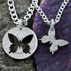 Butterfly Best Friends coin necklaces by NameCoins Best Friends Necklaces, Cut Coin Jewelry, Dainty Diamond Necklace, Coin Art, Coin Design, Best Friend Jewelry, Diamond Solitaire Necklace, Inside And Outside, Coin Ring