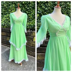 A fanciful 1970s green maxi dress, featuring lace trimmed angel sleeves and a double layer skirt. It has a deep V neck and a wide sash. It zips up the back and has a hook at the top.  It's in excellent vintage condition with no flaws to note.  Measurements  Bust: 33 - snug 34 inches  Slight empire waist: 28 inches (has a sash) Hips: open Bodice length: 13 inches  Skirt length: 43 inches  From a smoke and pet free home. I ship Monday, Wednesday, and Friday. I do not offer returns, so please reach out with any questions or to ask for additional photos/measurements. Green Maxi Dress With Lace Trim For Spring, Fitted Green Maxi Dress With Empire Waist, Green Lace Trim Maxi Dress For Summer, Green Vintage Victorian Dress With Ruffles, Flowy Green Dress With Lace Trim, Green Flowy Dress With Lace Trim, Vintage Green Maxi Dress For Spring, Vintage Green Spring Maxi Dress, Green Vintage Ruffled Dress For Spring