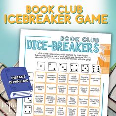 a book club icebreakerr game with dice - breakers and books on the table